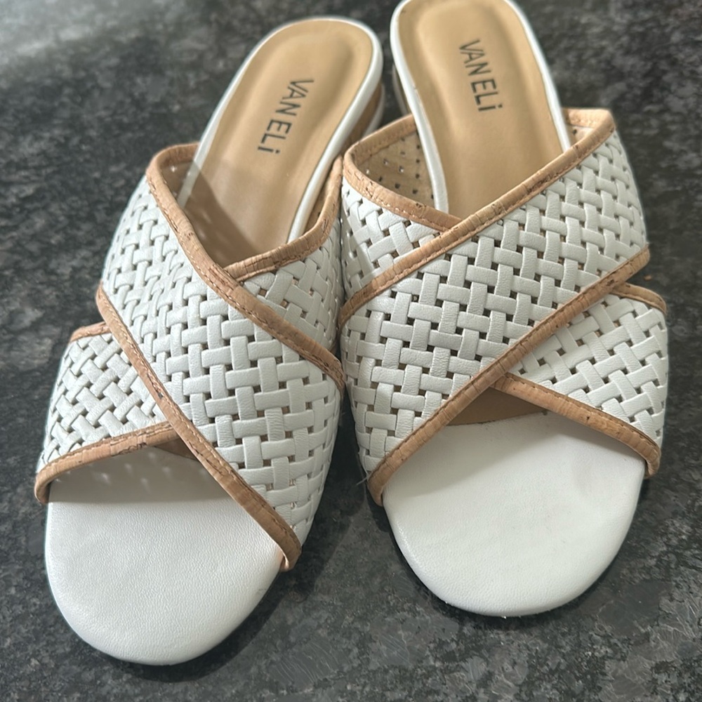 Van Eli size 8 1/2 wide white leather crisscross, and cork slides